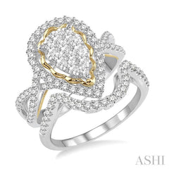 1 1/4 Ctw Lovebright Round Cut Diamond Wedding Set With 1 Ctw Pear Shape Engagement Ring and 1/4 Ctw Curve Wedding Band in 14K White and Yellow Gold