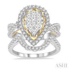 1 1/4 Ctw Lovebright Round Cut Diamond Wedding Set With 1 Ctw Pear Shape Engagement Ring and 1/4 Ctw Curve Wedding Band in 14K White and Yellow Gold