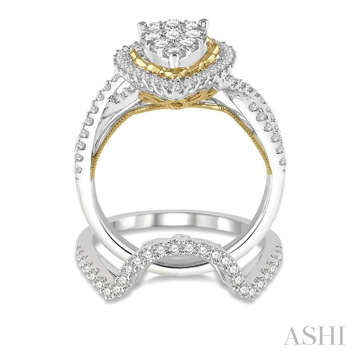1 1/4 Ctw Lovebright Round Cut Diamond Wedding Set With 1 Ctw Pear Shape Engagement Ring and 1/4 Ctw Curve Wedding Band in 14K White and Yellow Gold