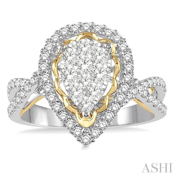 1 Ctw Round Diamond Lovebright Split Shank Pear Halo Engagement Ring in 14K White and Yellow Gold