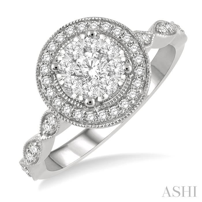 1/2 Ctw Criss Cross Shank Circular Lovebright Round Cut Diamond Engagement Ring in 14K White Gold