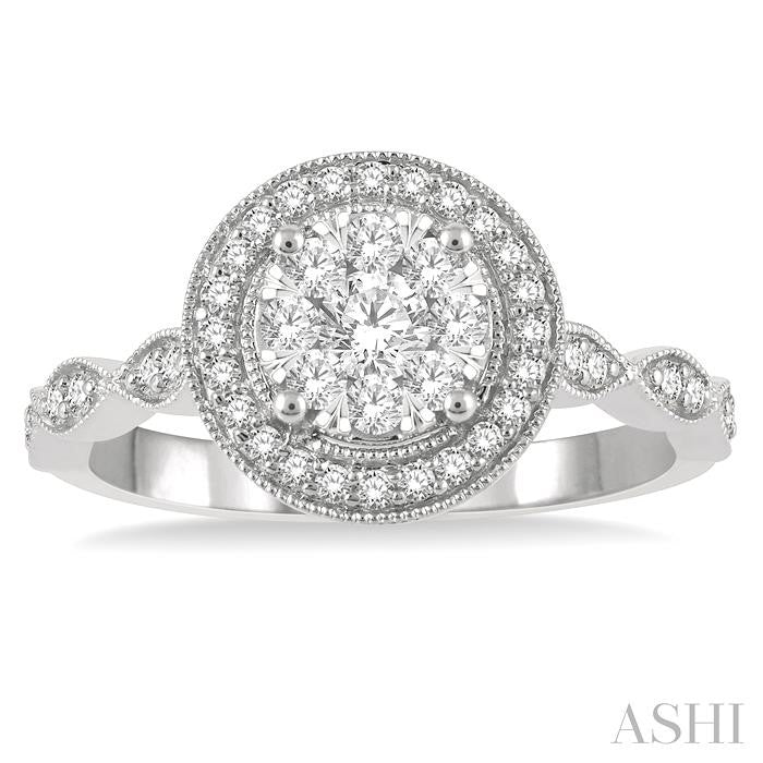 1/2 Ctw Criss Cross Shank Circular Lovebright Round Cut Diamond Engagement Ring in 14K White Gold
