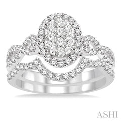 7/8 Ctw Diamond Lovebright Oval Shape Wedding Set with 5/8 Ctw Engagement Ring and 1/5 Ctw Wedding Band in 14K White Gold