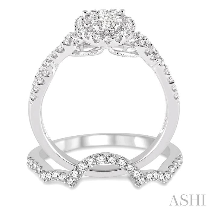 7/8 Ctw Diamond Lovebright Oval Shape Wedding Set with 5/8 Ctw Engagement Ring and 1/5 Ctw Wedding Band in 14K White Gold