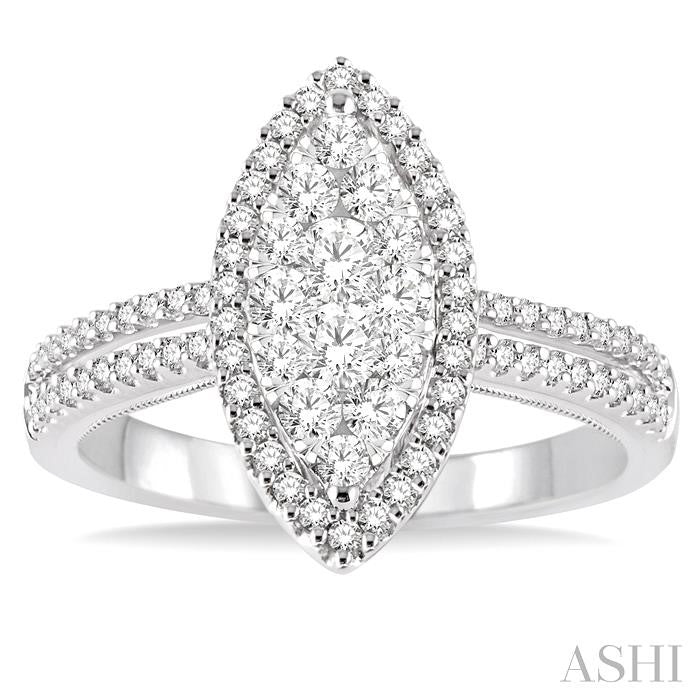 3/4 Ctw Marquise Shape Round Cut Diamond Lovebright Ring in 14K White Gold