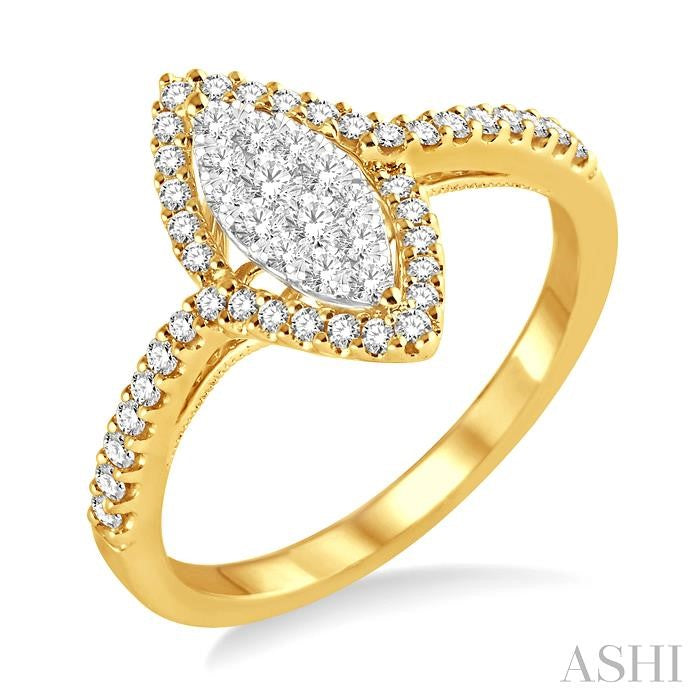 1/2 Ctw Marquise Shape Round Cut Diamond Lovebright Ring in 14K Yellow Gold