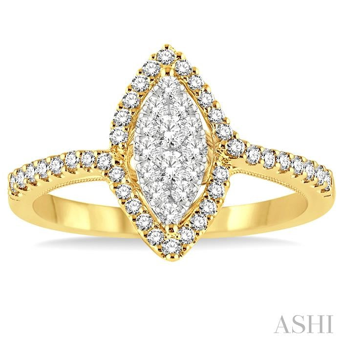 1/2 Ctw Marquise Shape Round Cut Diamond Lovebright Ring in 14K Yellow Gold