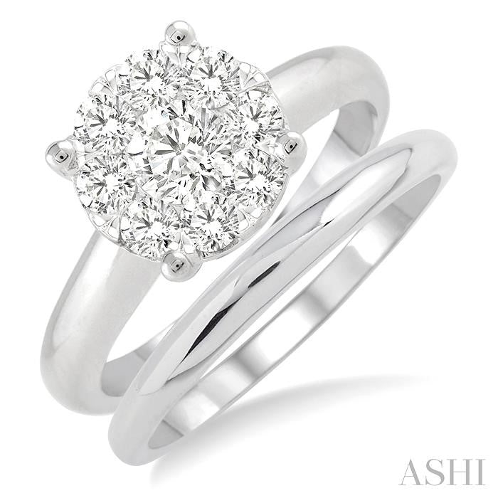 1 Ctw Lovebright Round Cut Diamond Wedding Set With 3/4 Ctw Circular Engagement Ring and 1/3 Ctw U-Shape Center Wedding Band in 14K White Gold