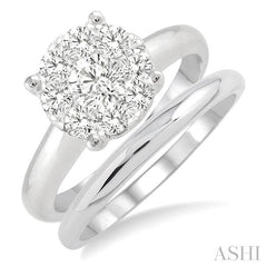 1 Ctw Lovebright Round Cut Diamond Wedding Set With 3/4 Ctw Circular Engagement Ring and 1/3 Ctw U-Shape Center Wedding Band in 14K White Gold