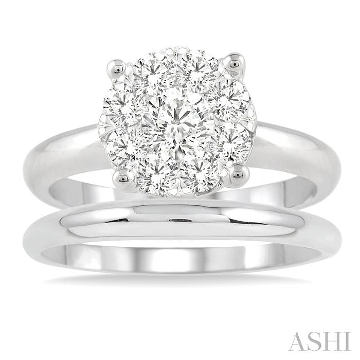 1 Ctw Lovebright Round Cut Diamond Wedding Set With 3/4 Ctw Circular Engagement Ring and 1/3 Ctw U-Shape Center Wedding Band in 14K White Gold