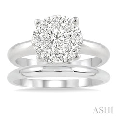 1 Ctw Lovebright Round Cut Diamond Wedding Set With 3/4 Ctw Circular Engagement Ring and 1/3 Ctw U-Shape Center Wedding Band in 14K White Gold