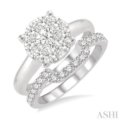 1 Ctw Lovebright Round Cut Diamond Wedding Set With 3/4 Ctw Circular Engagement Ring and 1/3 Ctw U-Shape Center Wedding Band in 14K White Gold
