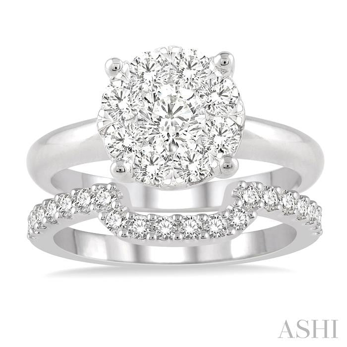 1 Ctw Lovebright Round Cut Diamond Wedding Set With 3/4 Ctw Circular Engagement Ring and 1/3 Ctw U-Shape Center Wedding Band in 14K White Gold