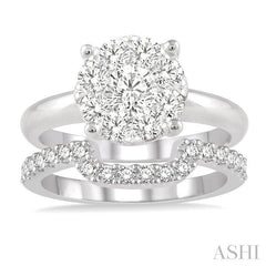 1 Ctw Lovebright Round Cut Diamond Wedding Set With 3/4 Ctw Circular Engagement Ring and 1/3 Ctw U-Shape Center Wedding Band in 14K White Gold