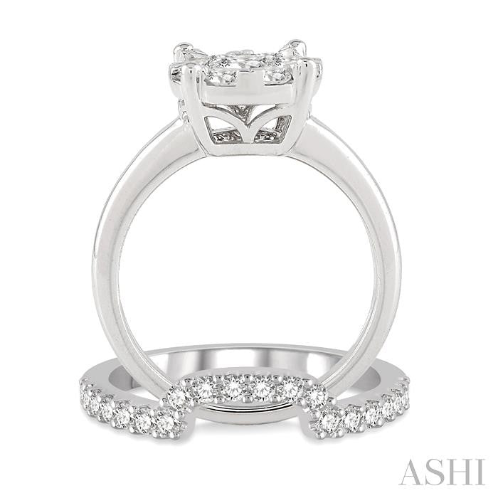 1 Ctw Lovebright Round Cut Diamond Wedding Set With 3/4 Ctw Circular Engagement Ring and 1/3 Ctw U-Shape Center Wedding Band in 14K White Gold