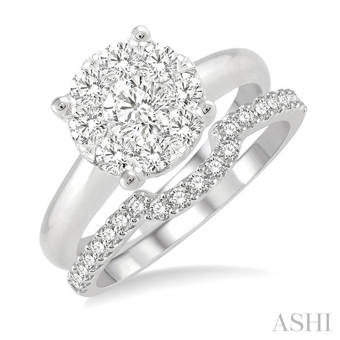 3/4 Ctw Lovebright Round Cut Diamond Wedding Set With 1/2 Ctw Circular Engagement Ring and 1/4 Ctw U-Shape Center Wedding Band in 14K White Gold