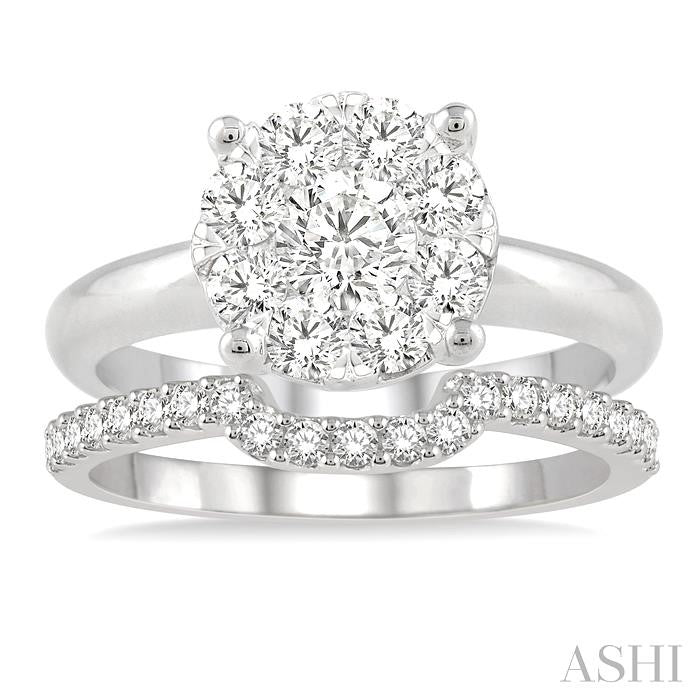 3/4 Ctw Lovebright Round Cut Diamond Wedding Set With 1/2 Ctw Circular Engagement Ring and 1/4 Ctw U-Shape Center Wedding Band in 14K White Gold