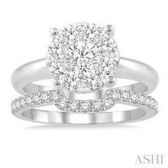 3/4 Ctw Lovebright Round Cut Diamond Wedding Set With 1/2 Ctw Circular Engagement Ring and 1/4 Ctw U-Shape Center Wedding Band in 14K White Gold