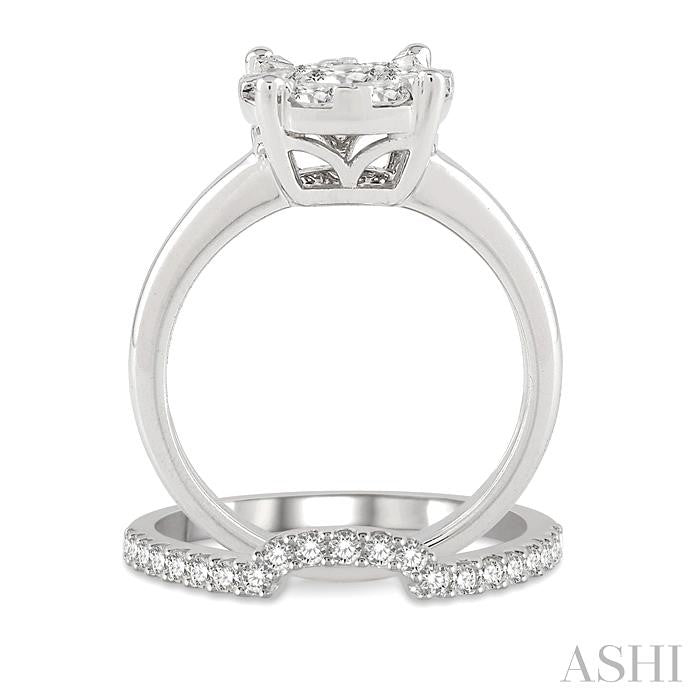 3/4 Ctw Lovebright Round Cut Diamond Wedding Set With 1/2 Ctw Circular Engagement Ring and 1/4 Ctw U-Shape Center Wedding Band in 14K White Gold