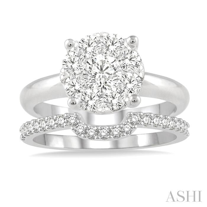 1/2 Ctw Lovebright Round Cut Diamond Wedding Set With 1/3 Ctw Circular Engagement Ring and 1/5 Ctw U-Shape Center Wedding Band in 14K White Gold