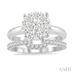 1/2 Ctw Lovebright Round Cut Diamond Wedding Set With 1/3 Ctw Circular Engagement Ring and 1/5 Ctw U-Shape Center Wedding Band in 14K White Gold