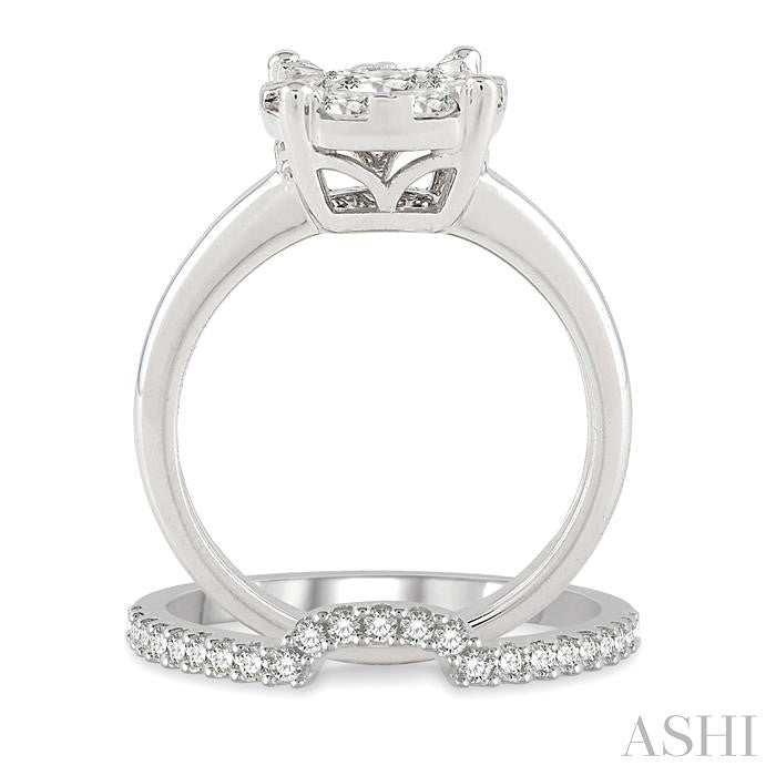 1/2 Ctw Lovebright Round Cut Diamond Wedding Set With 1/3 Ctw Circular Engagement Ring and 1/5 Ctw U-Shape Center Wedding Band in 14K White Gold