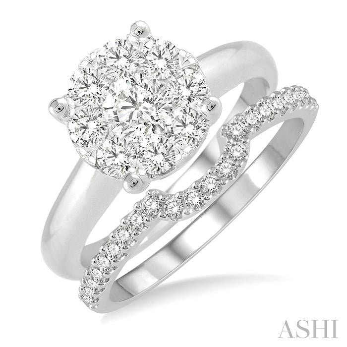 1/2 Ctw Lovebright Round Cut Diamond Wedding Set With 1/3 Ctw Circular Engagement Ring and 1/5 Ctw U-Shape Center Wedding Band in 14K White Gold