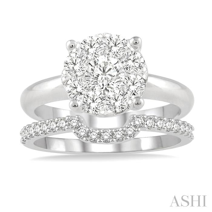 1/2 Ctw Lovebright Round Cut Diamond Wedding Set With 1/3 Ctw Circular Engagement Ring and 1/5 Ctw U-Shape Center Wedding Band in 14K White Gold