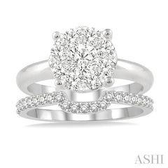1/2 Ctw Lovebright Round Cut Diamond Wedding Set With 1/3 Ctw Circular Engagement Ring and 1/5 Ctw U-Shape Center Wedding Band in 14K White Gold