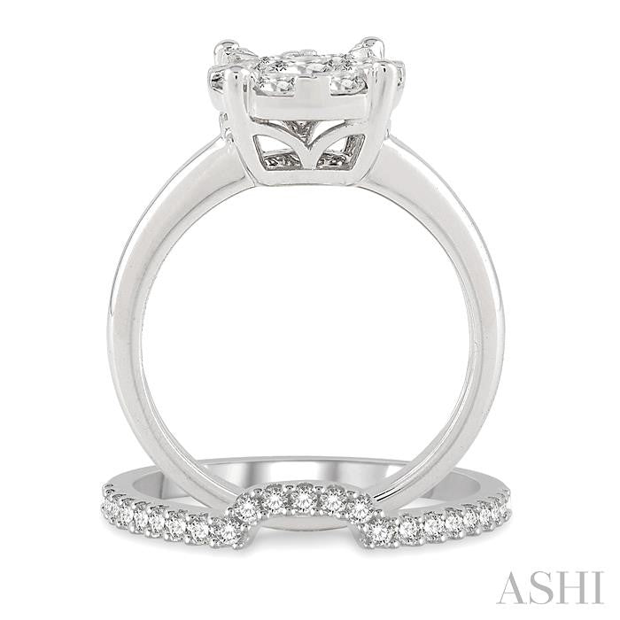 1/2 Ctw Lovebright Round Cut Diamond Wedding Set With 1/3 Ctw Circular Engagement Ring and 1/5 Ctw U-Shape Center Wedding Band in 14K White Gold