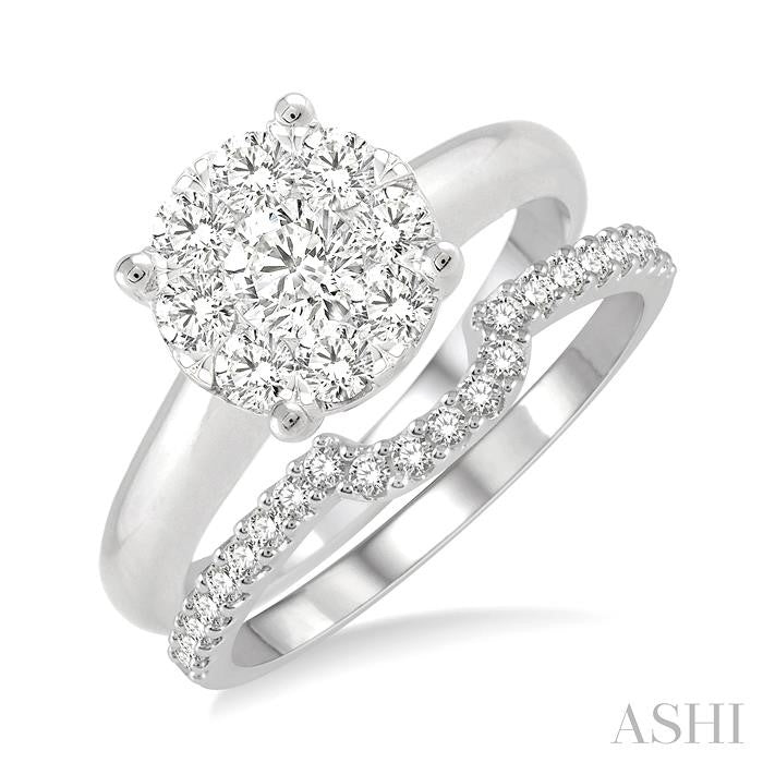 3/8 Ctw Lovebright Round Cut Diamond Wedding Set With 1/4 Ctw Circular Engagement Ring and 1/6 Ctw U-Shape Center Wedding Band in 14K White Gold