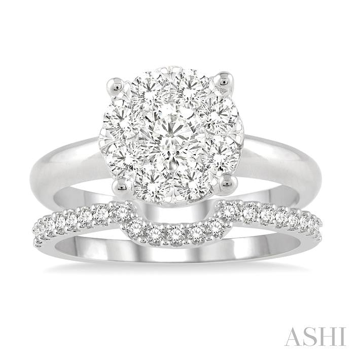 3/8 Ctw Lovebright Round Cut Diamond Wedding Set With 1/4 Ctw Circular Engagement Ring and 1/6 Ctw U-Shape Center Wedding Band in 14K White Gold