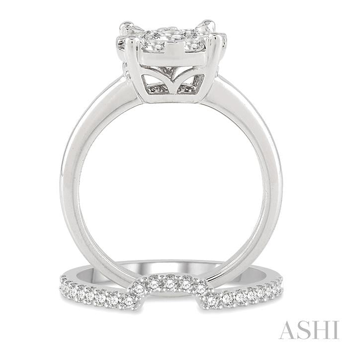 3/8 Ctw Lovebright Round Cut Diamond Wedding Set With 1/4 Ctw Circular Engagement Ring and 1/6 Ctw U-Shape Center Wedding Band in 14K White Gold