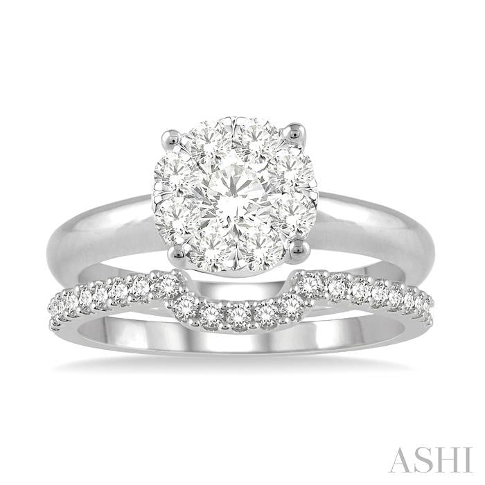 1/5 Ctw Lovebright Round Cut Diamond Wedding Set With 1/8 Ctw Circular Engagement Ring and 1/10 Ctw U-Shape Center Wedding Band in 14K White Gold