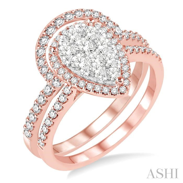 1 Ctw Diamond Lovebright Wedding Set with 3/4 Ctw Engagement Ring and 1/4 Ctw Wedding Band in 14K Rose and White Gold