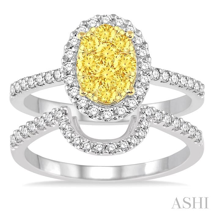 1 Ctw Oval Shape Yellow and White Diamond Lovebright Wedding Set with 3/4 Ctw Engagement Ring and 1/4 Ctw Wedding Band in 14K White and Yellow Gold