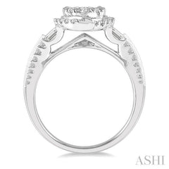 1 Ctw Round and Baguette Diamond Lovebright Engagement Ring in 14K White Gold