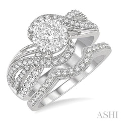 1 Ctw Lovebright Round Cut Diamond Wedding Set With 3/4 Ctw Circular Mount Engagement Ring and 1/6 Ctw Curved Center Wedding Band in 14K White Gold