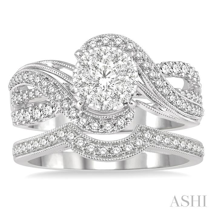 1 Ctw Lovebright Round Cut Diamond Wedding Set With 3/4 Ctw Circular Mount Engagement Ring and 1/6 Ctw Curved Center Wedding Band in 14K White Gold