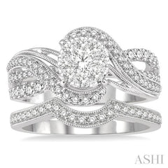 1 Ctw Lovebright Round Cut Diamond Wedding Set With 3/4 Ctw Circular Mount Engagement Ring and 1/6 Ctw Curved Center Wedding Band in 14K White Gold
