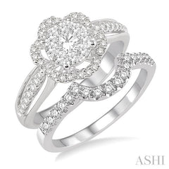 7/8 Ctw Round Cut Diamond Lovebright Flower Shape Wedding Set with 5/8 Ctw Engagement Ring and 1/4 Ctw Wedding Band in 14K White Gold