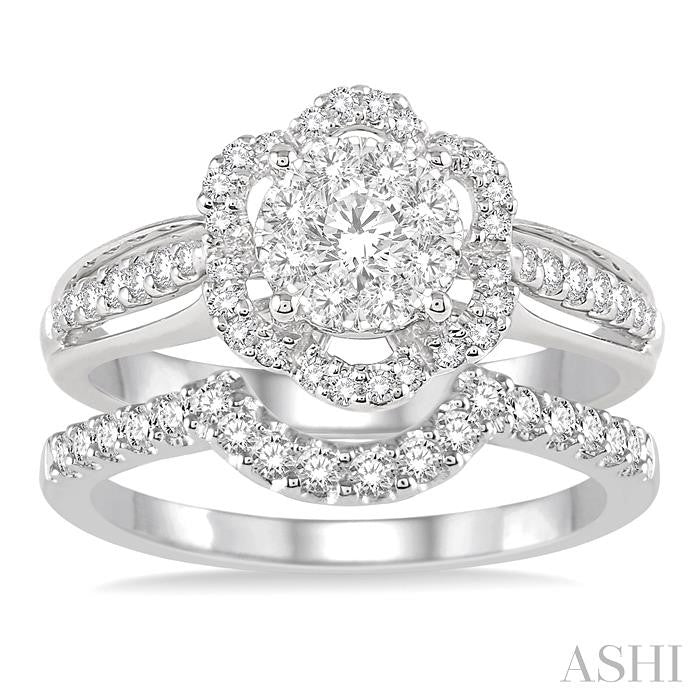 7/8 Ctw Round Cut Diamond Lovebright Flower Shape Wedding Set with 5/8 Ctw Engagement Ring and 1/4 Ctw Wedding Band in 14K White Gold