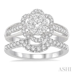 7/8 Ctw Round Cut Diamond Lovebright Flower Shape Wedding Set with 5/8 Ctw Engagement Ring and 1/4 Ctw Wedding Band in 14K White Gold