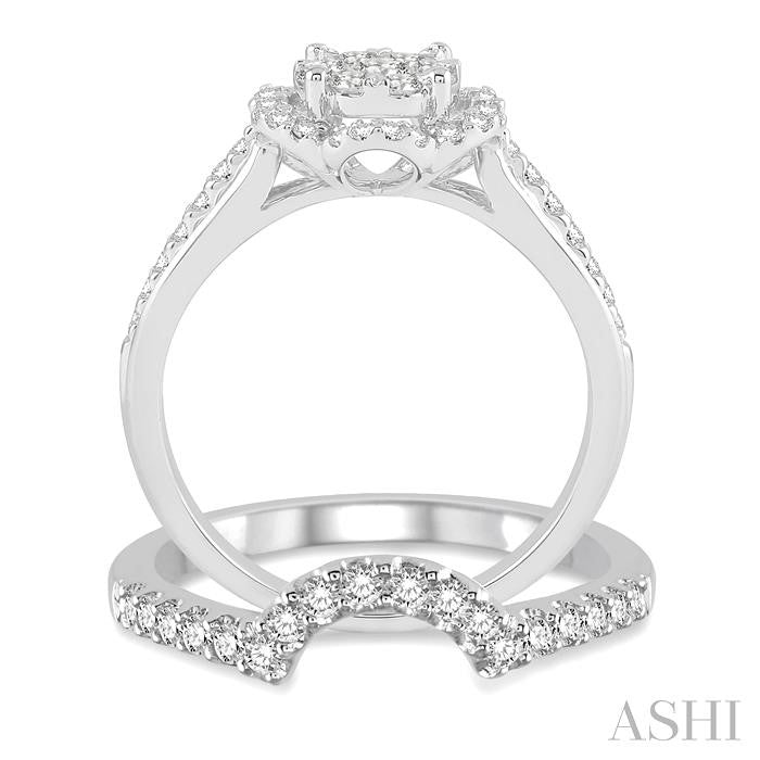 7/8 Ctw Round Cut Diamond Lovebright Flower Shape Wedding Set with 5/8 Ctw Engagement Ring and 1/4 Ctw Wedding Band in 14K White Gold