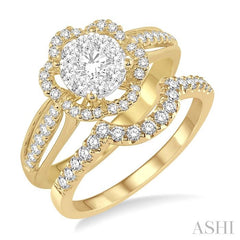 7/8 Ctw Round Cut Diamond Lovebright Flower Shape Wedding Set with 5/8 Ctw Engagement Ring and 1/4 Ctw Wedding Band in 14K Yellow and White Gold