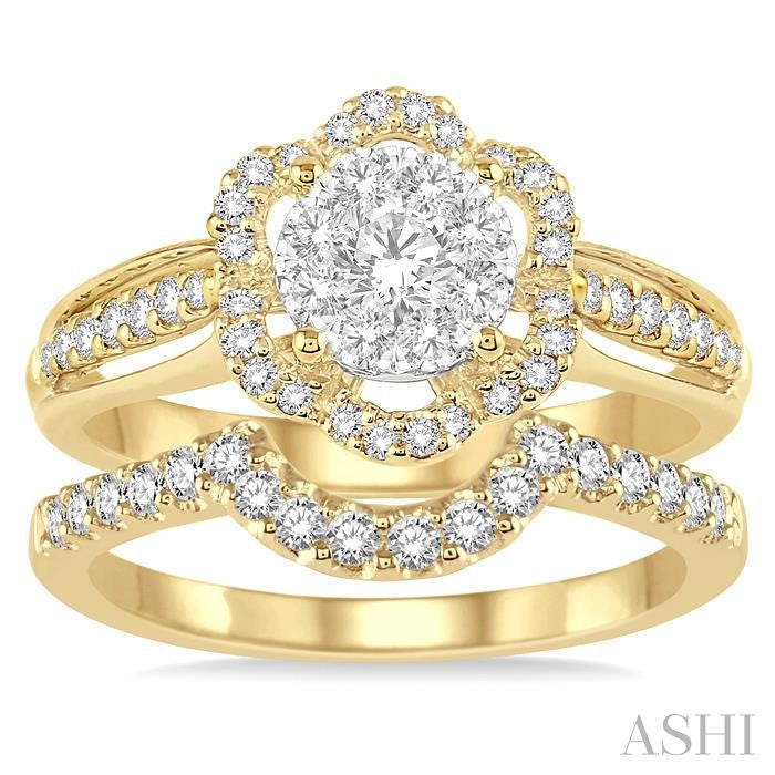 7/8 Ctw Round Cut Diamond Lovebright Flower Shape Wedding Set with 5/8 Ctw Engagement Ring and 1/4 Ctw Wedding Band in 14K Yellow and White Gold