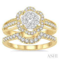 7/8 Ctw Round Cut Diamond Lovebright Flower Shape Wedding Set with 5/8 Ctw Engagement Ring and 1/4 Ctw Wedding Band in 14K Yellow and White Gold