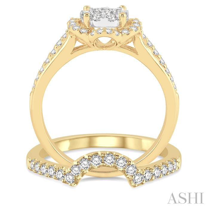 7/8 Ctw Round Cut Diamond Lovebright Flower Shape Wedding Set with 5/8 Ctw Engagement Ring and 1/4 Ctw Wedding Band in 14K Yellow and White Gold