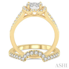 7/8 Ctw Round Cut Diamond Lovebright Flower Shape Wedding Set with 5/8 Ctw Engagement Ring and 1/4 Ctw Wedding Band in 14K Yellow and White Gold