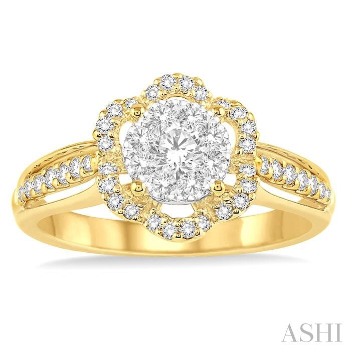 5/8 Ctw Round Cut Diamond Lovebright Flower Shape Ring in 14K Yellow and White Gold